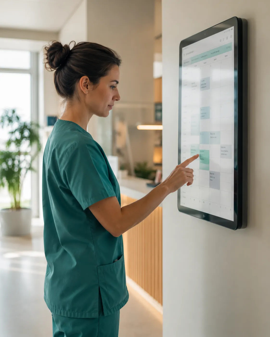 Pflegekraft plant am Touchscreen